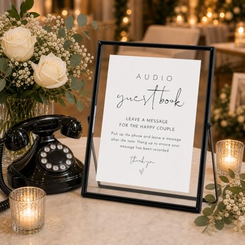Image of Calculs Audio Guest Book Sign, Black 8x10 Floating Picture Frame | Double glass metal frame, fits 6x8 insert, audio guest book table, reusable tabletop frame for signs and photos