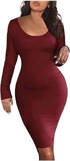 NHNKB Summer Dress Women's Dress with Belt Women's Dresses Round Neck Plain Tight Sexy Dresses Long Sleeve Regular Casual Midi Club Dresses Party Dress Women's Yellow Women's Dresses Elegant, red, L