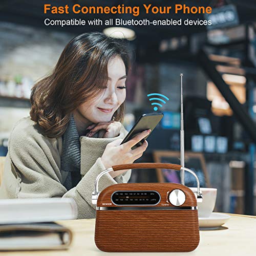 SEMIER Retro AM FM Portable Radio Bluetooth Speak，Battery Operated Radio by 2X D Cell Batteries Or AC Power Vintage Transistor Radio with Big Speaker and Large Knob - Thumbnail 2