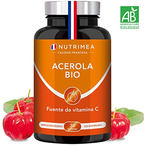 Vitamina C 1000 mg Acerola Orgánica Natural Resfriados Gripes Refuerza Defensas, Antioxidante, Reduce Fatiga, Forma Colágeno, Para Veganos, Sin Gluten, Sin Lactosa, Sin Alérgenos, Fabricado Francia