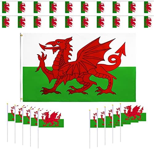 31PCS Wales Bunting Flag Wales Decorations Include 1PCS 3 X 5 Ft Wales Flag, 20PCS Welsh Dragon Bunting Banner and 10PCS Wales Hand Waving Flags with Sticks for 2022 World Cup Football Decorations