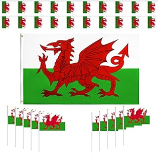 31PCS Wales Bunting Flag Wales Decorations Include 1PCS 3 X 5 Ft Wales Flag, 20PCS Welsh Dragon Bunting Banner and 10PCS Wales Hand Waving Flags with Sticks for 2022 World Cup Football Decorations