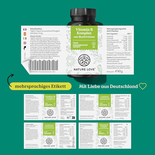 Nature Love Vitamin B Komplex aus Buchweizen - 60 Kapseln - Hochdosiert: 120% des täglichen Bedarfs an Vitamin B1, B2, B3, B5, B6, B7 (Biotin), B9 (Folsäure) und B12 - vegan, laborgeprüft 5