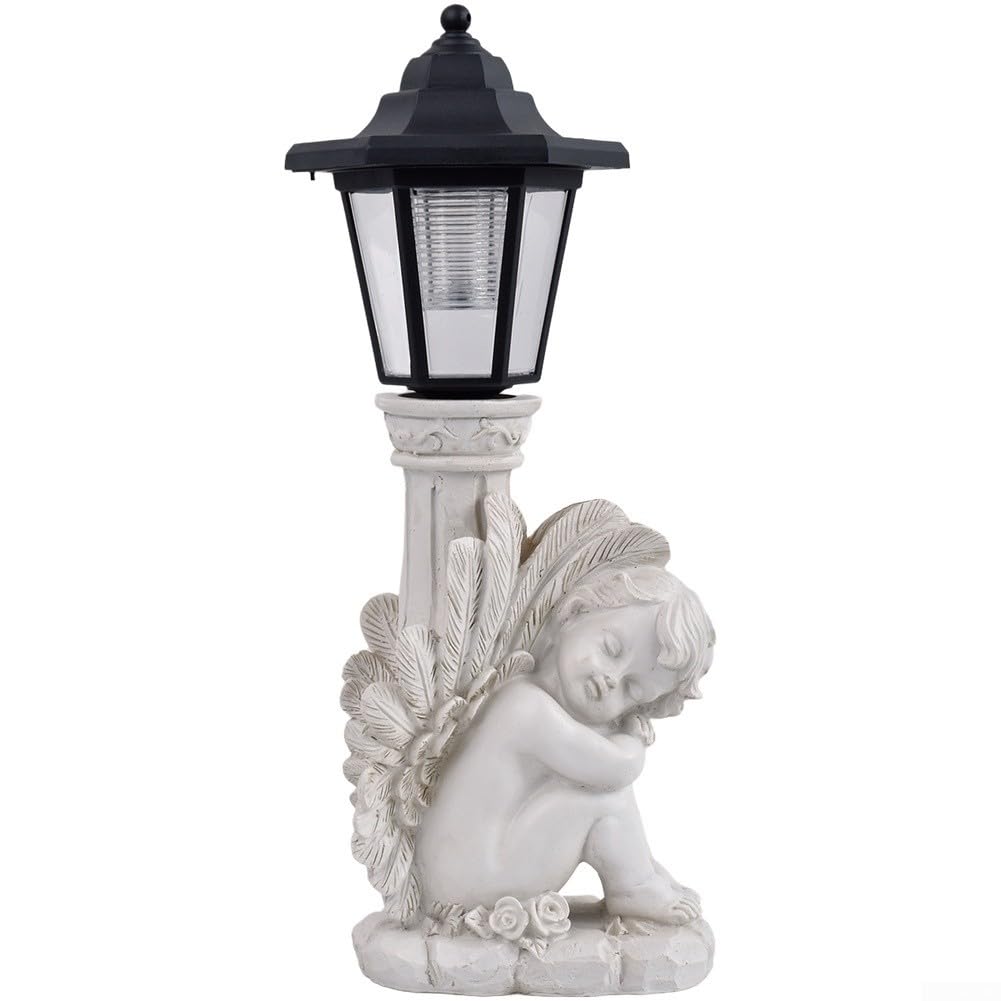 Hosrivae Solar Powered Statue with Roman Column, Resin Garden Ornament Light Outdoor Patio Yard Memorial Decor, Grey Antique Finish(Right knee)