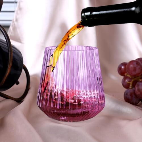 Image of Lueumxc 40 Pack Plastic Ribbed Wine Glasses, 14Oz Origami Disposable Wine Glasses Unbreakable Clear Plastic Cocktail Glasses Recyclable Shatterproof Reusable Wine Cups (14oz-purple-40pack)