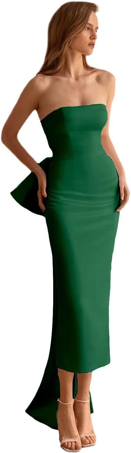 Women's Satin Mermaid Prom Dresses Off Shoulder Cocktail Dress with Slit Formal Evening Gowns with Detachable Bow