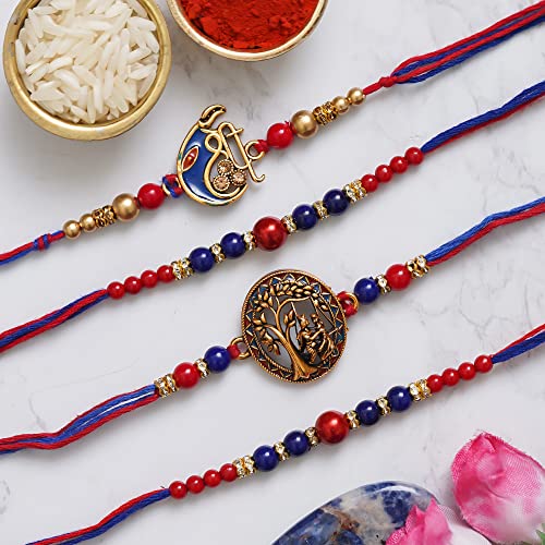 Image of eCraftIndia Set of 4 Golden Laddu Gopal, Lord Krishna Playing Flute, Lord Ganesha, and Shivling Religious Rakhis with Green Red Threads, and Roli Chawal Pack
