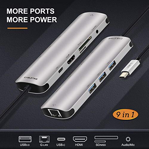 Image of Tobo Type C Hub,9 in 1 Aluminum Multi-port Adapter with Type-C Charging Port, 4K HDMI Output,3 USB A 3.0 Ports,3.5mm Audio Jack,Micro SD /SD Card Reader and Gigabit Ethernet Compatible with MacBook Pro, Surface Pro,Note (USB-C 9 in 1)