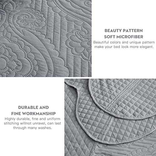Image of HZ & HY Oversized King Bedspread, Embossed Damask Quilt Set King /Cal King, Lightweight Reversible Coverlet, Scalloped Edge - Modern Classic Look, 5 Piece, Grey