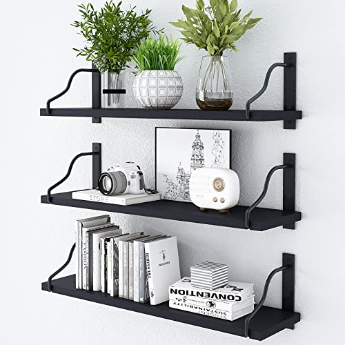 Floating Shelves Set of 3, 24 Inches Solid Wood Wall Mounted Shelves for Wall Storage, Metal Shelf Bracket and Reliable Structure (Black, 24 Inches)