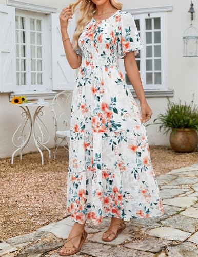 Image of ZESICA Women's 2026 Summer Boho Floral Maxi Dresses Casual Short Flutter Sleeve Smocked Tiered Flowy Dress
