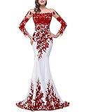 OYISHA Womens Lace Applique Evening Dress with Long Sleeves Long Mermaid Wedding Celebrity Gown White & Red 16
