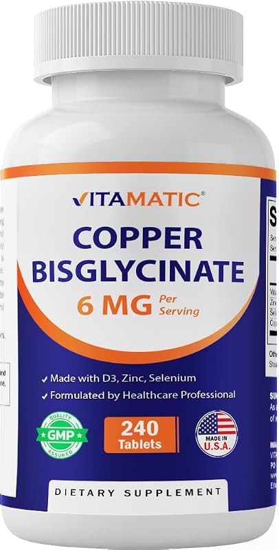 Vitamatic Suplemento de Cobre Bisglicinato 6 mg com Vitamina D3 2000 UI, Zinco 50 mg e Selênio 50 mcg, 240 comprimidos