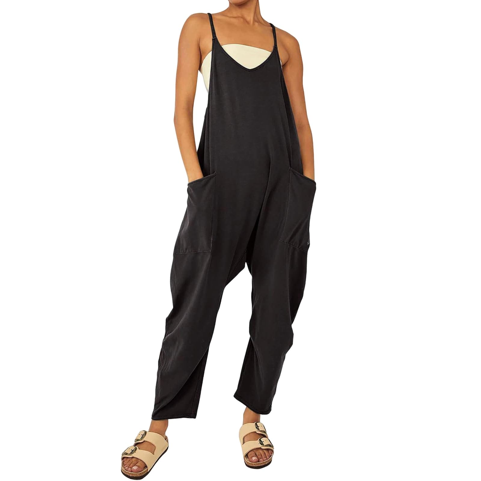 Women's Jumpsuit Sleeveless Spaghetti Strap Casual Summer Overalls Loose Wide Leg Beach Romper with Pockets