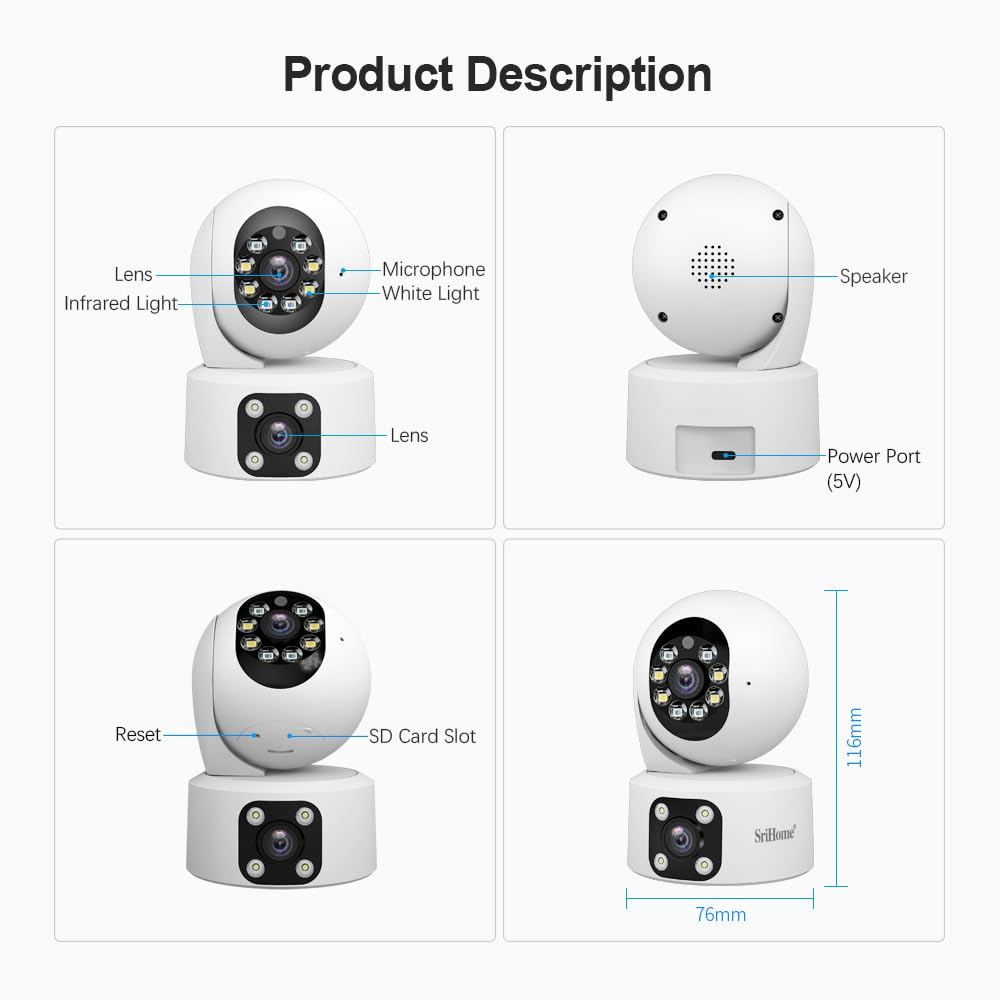 OBA SriHome Telecamera di Sicurezza PTZ Doppio Obiettivo, Visione Notturna, Audio Full HD, Memoria SD, IP66 Impermeabile, per Casa/Ufficio