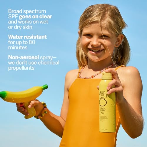 Image of Sun Bum Kids SPF 50 Clear Sunscreen Spray with Sonny Sticker | Wet or Dry Application | Hawaii 104 Act Compliant (Octinoxate & Oxybenzone Free) Broad Spectrum UVA /UVB Sunscreen | 6 oz (Pack of 2)