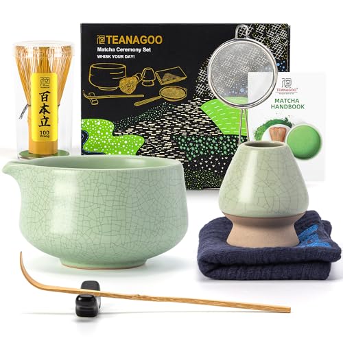 TEANAGOO Matcha Whisk Set Green,7 Pcs Matcha Set,Matcha Starter Kit for Ceremony,Matcha Tea Set for Making Breakfast/Latte,Green Matcha Bowl(Chawan) whith Spout and Whisk,Gift for Friend/Family
