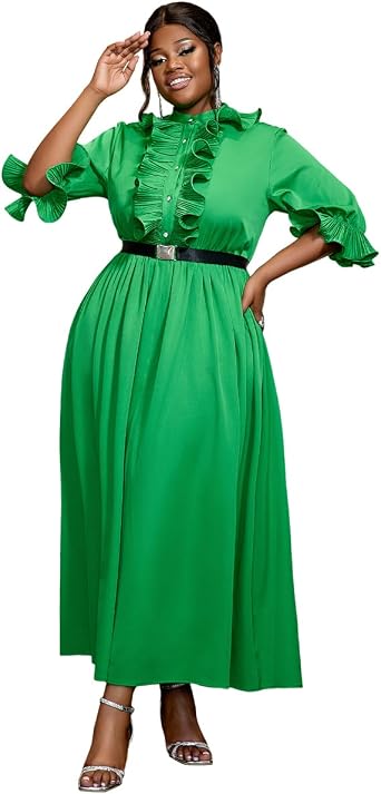 AOMEI Elegant Stand Collar Button Down Basic Ruffle Belted Dress for Women Church Half Sleeves Casual Summer Maxi Dresses
