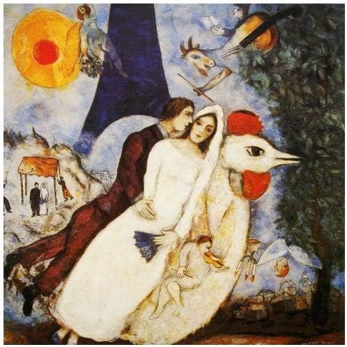 buyartforless Les Fiances De La Tour Eiffel by Marc Chagall 24x24 Art Painting Reproduction Canvas, Blue