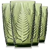 Vintage Green Drinking Glasses Set of 4, 16 oz Handcrafted Glass Tumblers, Heavy Textured Highball Cups, Fern Embossed Antique Colored Glassware, Retro Boho Aesthetic Drinkware, Housewarming Gift Set