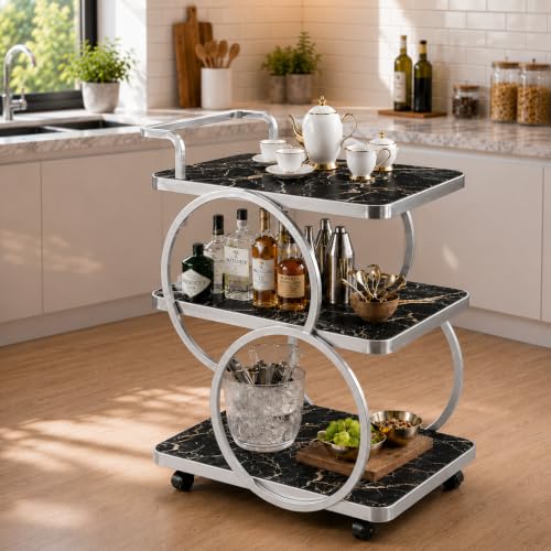 Image of Bar Table 3-Tier Metal Serving Table with Wheels Gold Elegant Home and Restaurant Mobile Cart for Effortless Food Serving Coffee Table for Living Room (Silver & Black)
