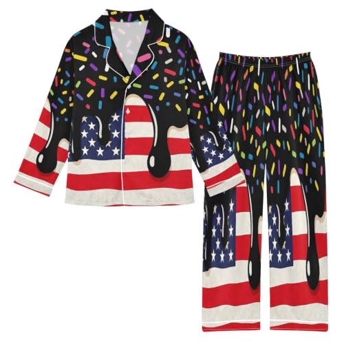 QUGRL Silk Satin Pajama Sets for 11-12 Year Old Patriotic Flag Black Ice Cream Sprinkles Long Sleeve V-Neck Top & Pants July 4th Silky Sleepwear Lounge Sets for Trip X-Large