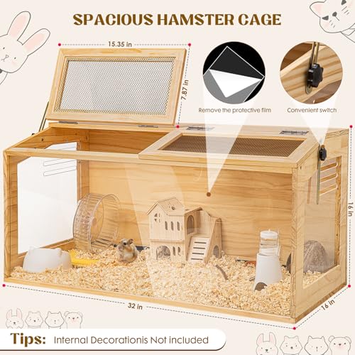 Hamster Cage 32" Wooden Chewproof, 270° View Large Habitat with Bite-Proof Metal Mesh & Top Dual Access Doors, Acrylic Sheets & Solid Build for Dwarf Syrian Hamsters/Gerbils/Guinea Pigs/Chinchillas - Image 3