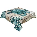 Cotton Linen Tablecloth Sea Turtle Square 60' Wx60 L Wrinkle-Free Table Cloth Cover Nautical Blue...