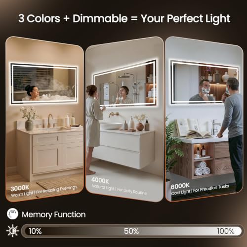 Image of 48x24 LED Bathroom Mirror with Anti-Fog, Backlit & Front Lit, Memory | Stepless Dimmable 3 Color CRI 95+ Shatterproof Tempered Glass ETL Listed for Safety Lighted Bathroom Vanity Mirror for Wall