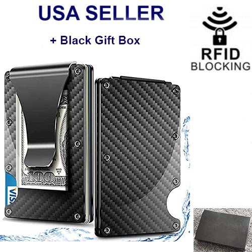 2X Microseven Carbon Fiber RFID Blocking Slim Money Clip Card Holder Metal Men's Wallet with Black Gift Box2