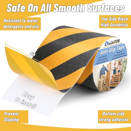 Image of 8 in x 60 ft Anti-Slip Tape for Stairs, Black /Yellow, Indoor /Outdoor | Strong waterproof adhesive, easy DIY cut-to-fit on wood, concrete, or tile. High-visibility stripes warn of slip hazards
