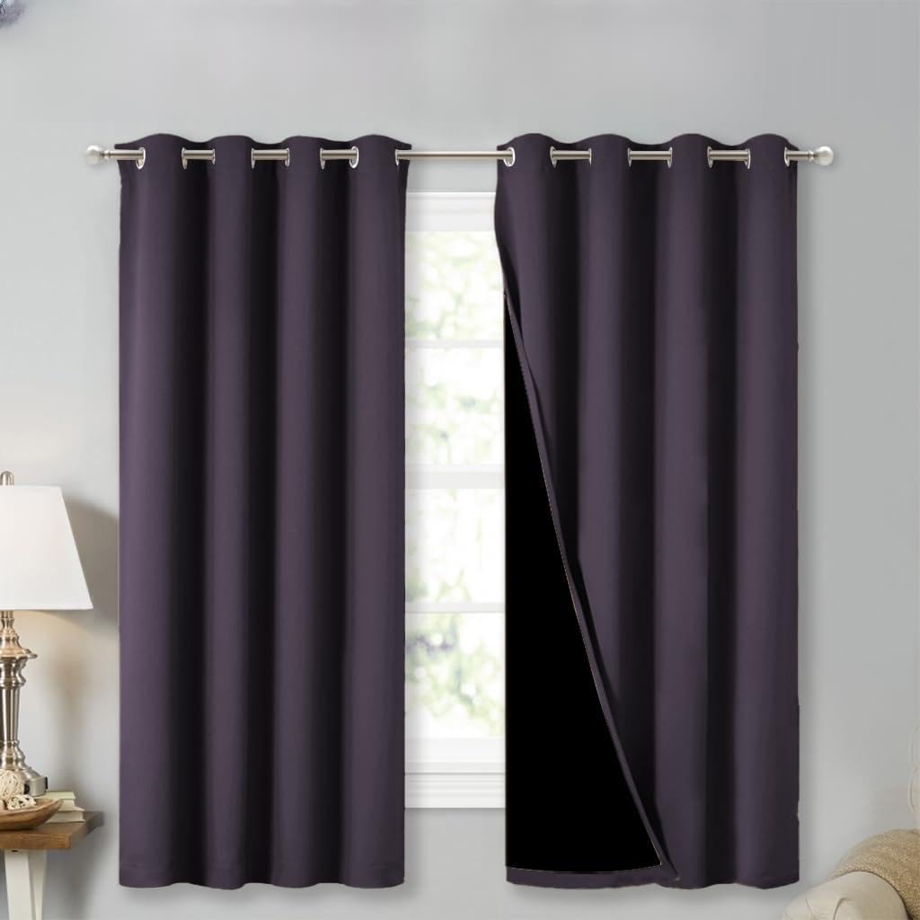 NICETOWN 100% Blackout Curtains with Black Liners, Greyish Purple, 2 Panels, 52" W by 63" L, Thermal Insulated Full Blackout 2-Layer Lined Drapes, Energy Efficiency Window Draperies for Bedroom