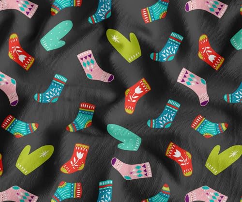 Image of Soimoi Gray Cotton Canvas Fabric Socks & Gloves Folk Art Print Fabric by the Meter 42 Inch Wide