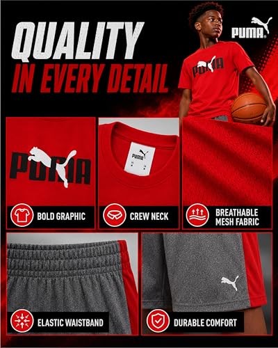 Image of PUMA Boys Short Set - 2 Piece Short Sleeve Crewneck Performance Graphic Tees and Athletic Mesh Shorts for Boys (Sizes: 4-16)