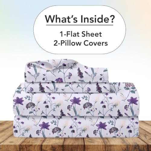 Image of Divine Casa Cotton King Size Bedsheet | 210 TC Soft Breathable Pigment Twill Satin Bed Sheet with 2 Pillow Covers | Luxury Bedding Set | 275 x 275 cm (Purple, Floral)