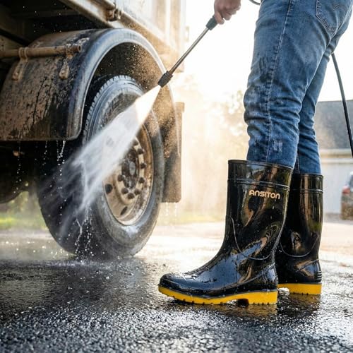 Image of Men's Black Waterproof PVC Slip - On Rain Boots - High & Mid Calf Styles, Ideal for Outdoor, Garden, Farm, Mud & Fishing, Comfortable, Durable, Easy to Clean