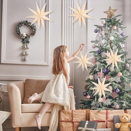 Image of 12 Inches 5 PCS Beige Paper Star Lanterns Christmas Party Decorations Hanging Stars Christmas Party Decorations Wedding Birthday Christmas Home Party Decorations(9 Pointed)