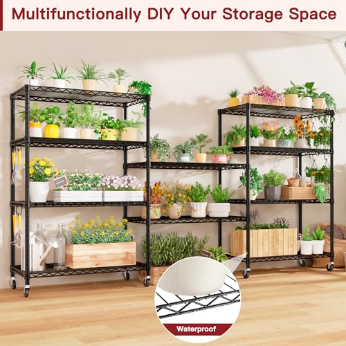 Image of PrimeZone 36 inchW x 16 inchD x 79 inchH Wire Shelving with Wheels, 5-tier Metal Shelf | NSF Certified, Heavy Duty Pantry Storage Shelves, Rolling Bakers Rack with 4 Hooks, Kitchen Shelving Unit for Closet 4PCS