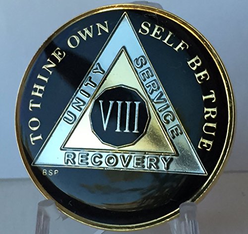 Blue Star Press 8 Year Classic Black Aa Alcoholics Anonymous Medallion Sobriety Chip Tri Plate Gold & Nickel Plated Serenity Prayer #TOP3