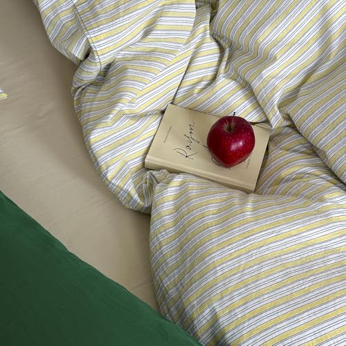 Image of mixinni Vintage Geometric Striped Duvet Cover Set - 3 Piece 100% Washed Cotton Twin XL Size Bedding Set with Matching Pillowcases | Mid-Century Modern Design | Ultra Soft & Breathable-Twin XL Size