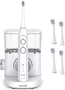 Waterpik White Sonic-Fusion Toothbrush and Heads Set of 4. Brush and Floss at The Same Time. Soft Bristles Gently Brush While The Water Flosser Removes Plaque and Debris from Teeth and Gumline.