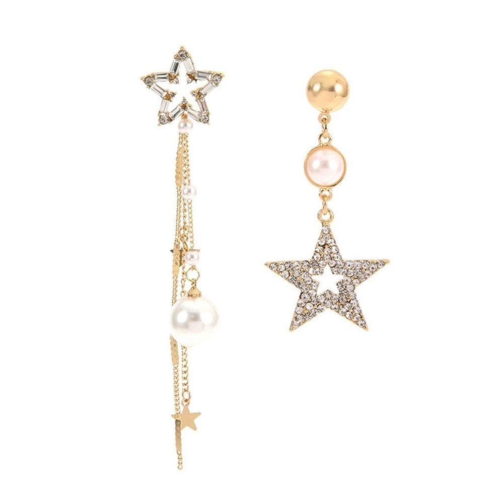 Besuty Giao Gorgeous and Shiny Silver Needle Overstated Diamante Five-pointed Star Asymmetric Earrings Atmospherical Long Tassel Ear Pendant (Color : Golden)
