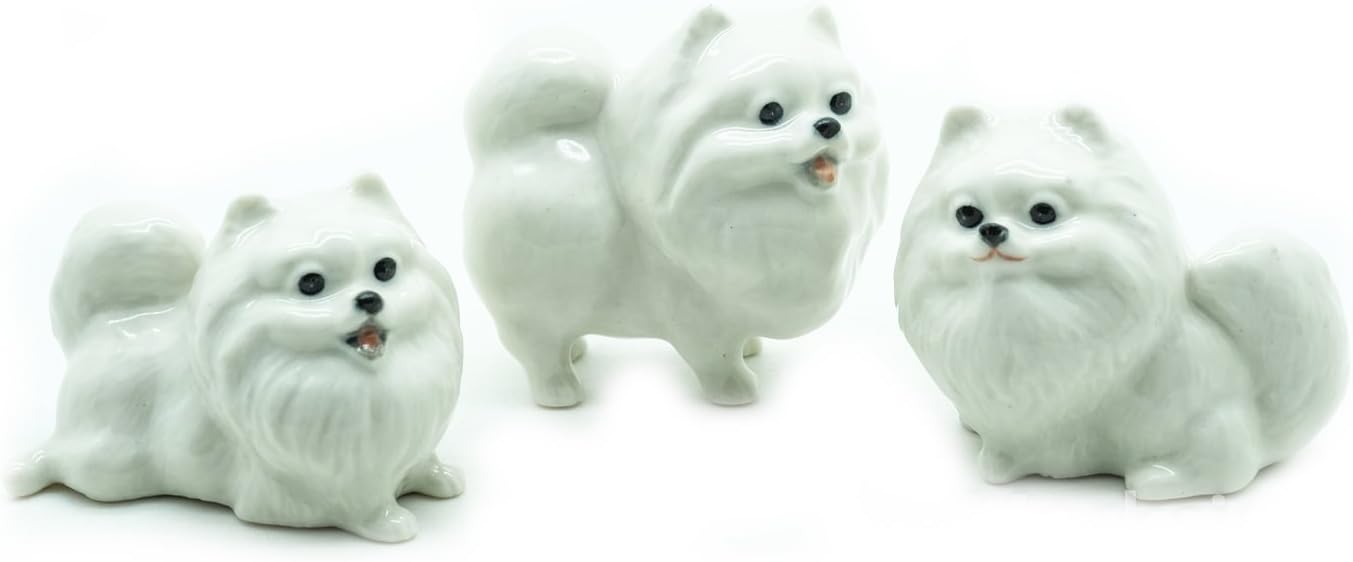 Animal Miniature Handmade Porcelain Statue 3 White Pomeranian Dog Figurine Collectibles Gift