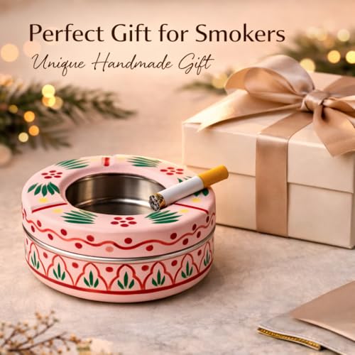 Image of iHandikart Handpainted Ash Tray 4x2 Inch | Metal Ashtray for Home, Table & Car Use | Multicolour Decorative Ashtray | Handmade Smoking Accessories for Indoor & Outdoor Use(Pink)