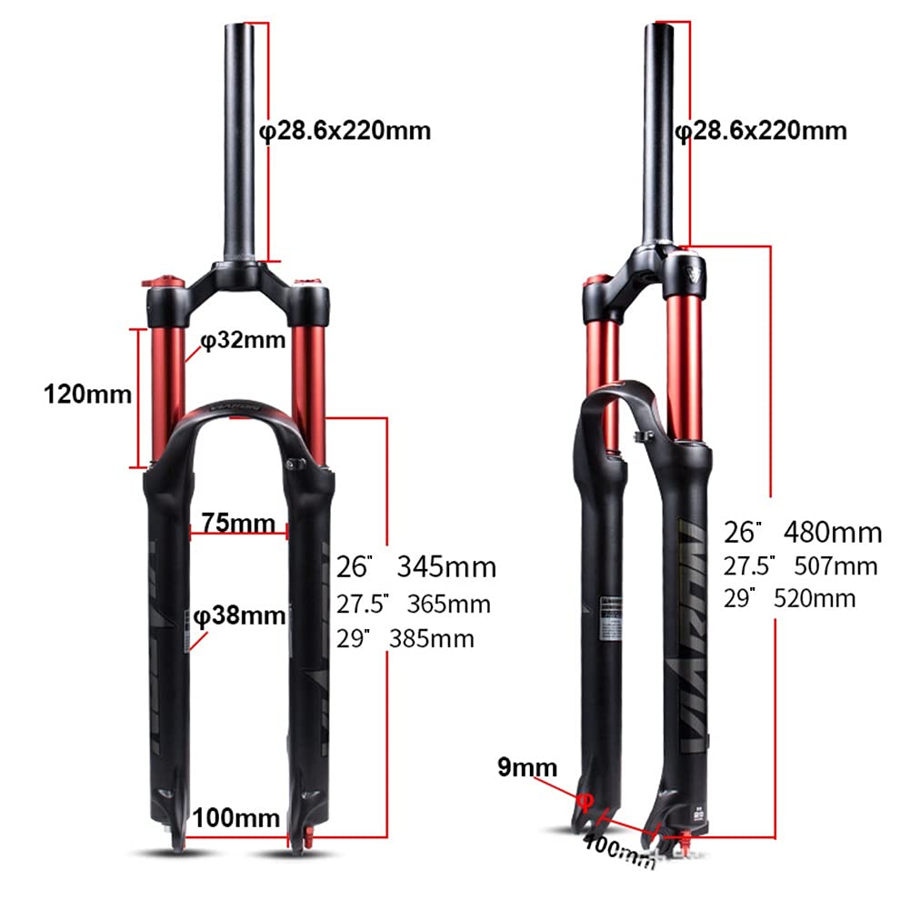 Horquilla para Bicicleta de montaña de 26/27.5/29 Pulgadas, Tubo Recto, Recorrido de 28.6 mm, Control de Hombro de 100 mm, Accesorios de Ciclismo (Negro, 29 Pulgadas).
