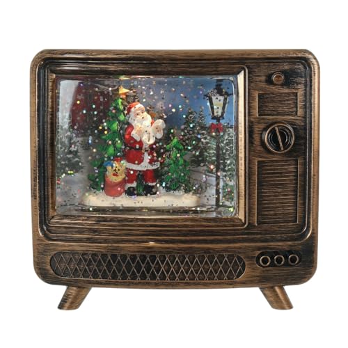 Mr Crimbo Antique Gold Glitter TV Spinner with LED Light – Vintage Christmas Water Globe Ornament with Santa Scene, Swirling Snow Effect, Battery or Mains Operated
