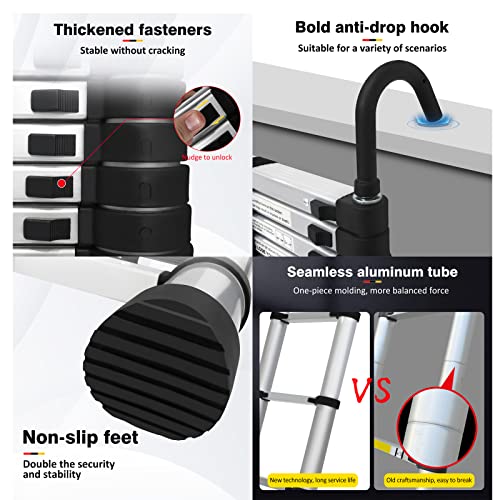 Telescoping Ladder 20Ft Aluminum Telescoping Extension Ladder With Roof Hooks, 2.8Inch Detachable Hooks Prefect For Home Or Outdoor Rooftop, Collapsible Ladder Attic Ladder Rv Ladder 330Lb Capacity #TOP4