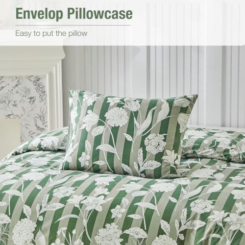 Image of Lekesky Green Floral Duvet Cover King Size, Stripes Comforter Cover King Size Floral Printed Duvet Set, 3 Pieces Soft Microfiber Bedding Set with 8 Zipper Ties (King, 104 inchx90 inch)