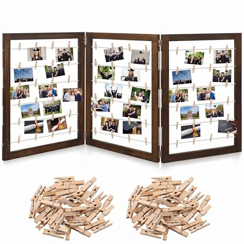 Geelin 54 x 24 Inch 36 x 24 Inch Photo Display Board with Clips Farmhouse Graduation Picture Display Wooden Rustic Freestanding Picture Collage Frame 2026 Grad for Home Dorm (3 Panel)