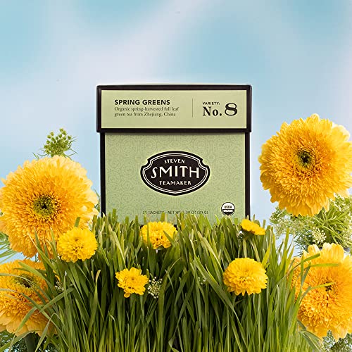 Smith Teamaker | Spring Greens No. 8 | Organic Mao Feng | Caffeinated Full Leaf Green Tea | Sugar-Free, Non-Gmo, Plant Based (15 Sachets, 1.3Oz Each) #TOP3